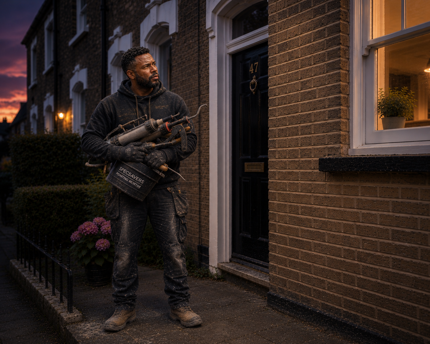 The same man stands on the path at dusk, holding a pointing gun and a Specsavers bag, looking off down the street as if mid-thought.